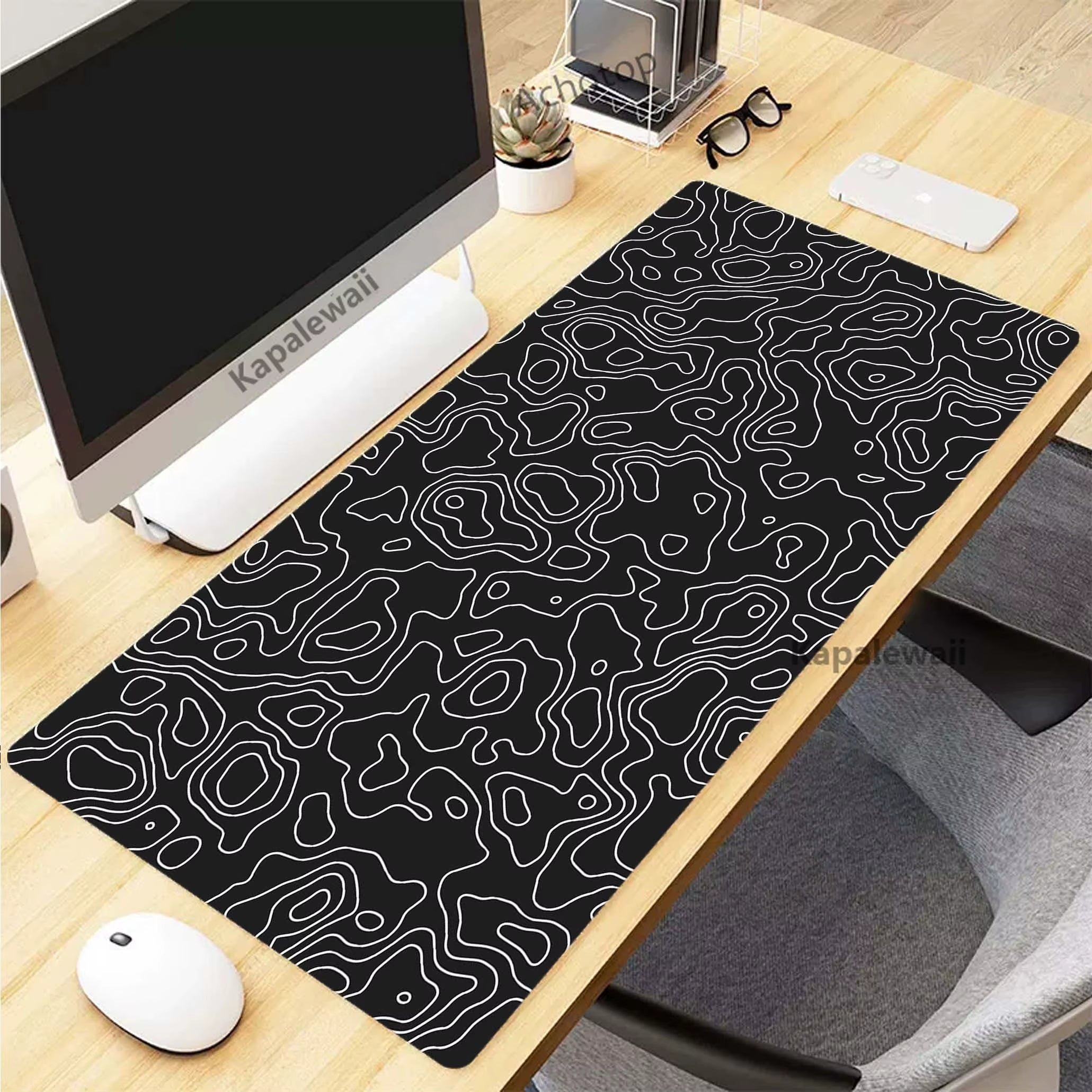 Elevate Your Gaming Experience with the Black and White Topographic Map XXL Mouse Pad - Premium Rubber Keyboard Mat for Ultimate Comfort and Control