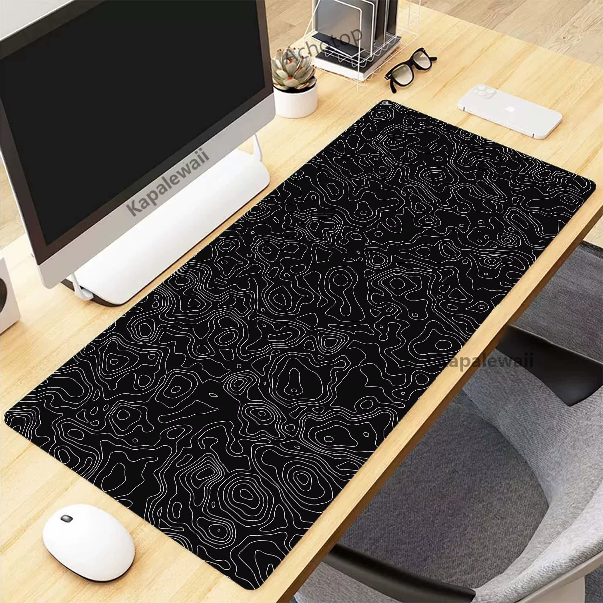 Elevate Your Gaming Experience with the Black and White Topographic Map XXL Mouse Pad - Premium Rubber Keyboard Mat for Ultimate Comfort and Control